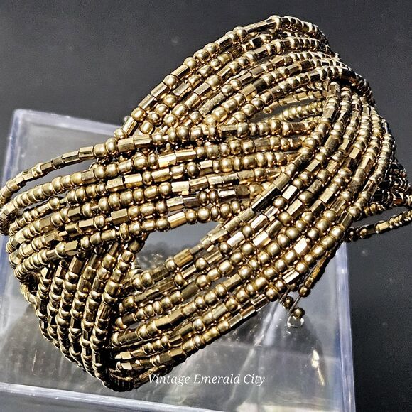 Vtg Metallic Bronze Gold Y2K 90s Striped Pretzel Memory Wire Cuff Bead Bracelet - Picture 8 of 12